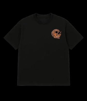 Black t-shirt with a small graphic on the chest against a white background